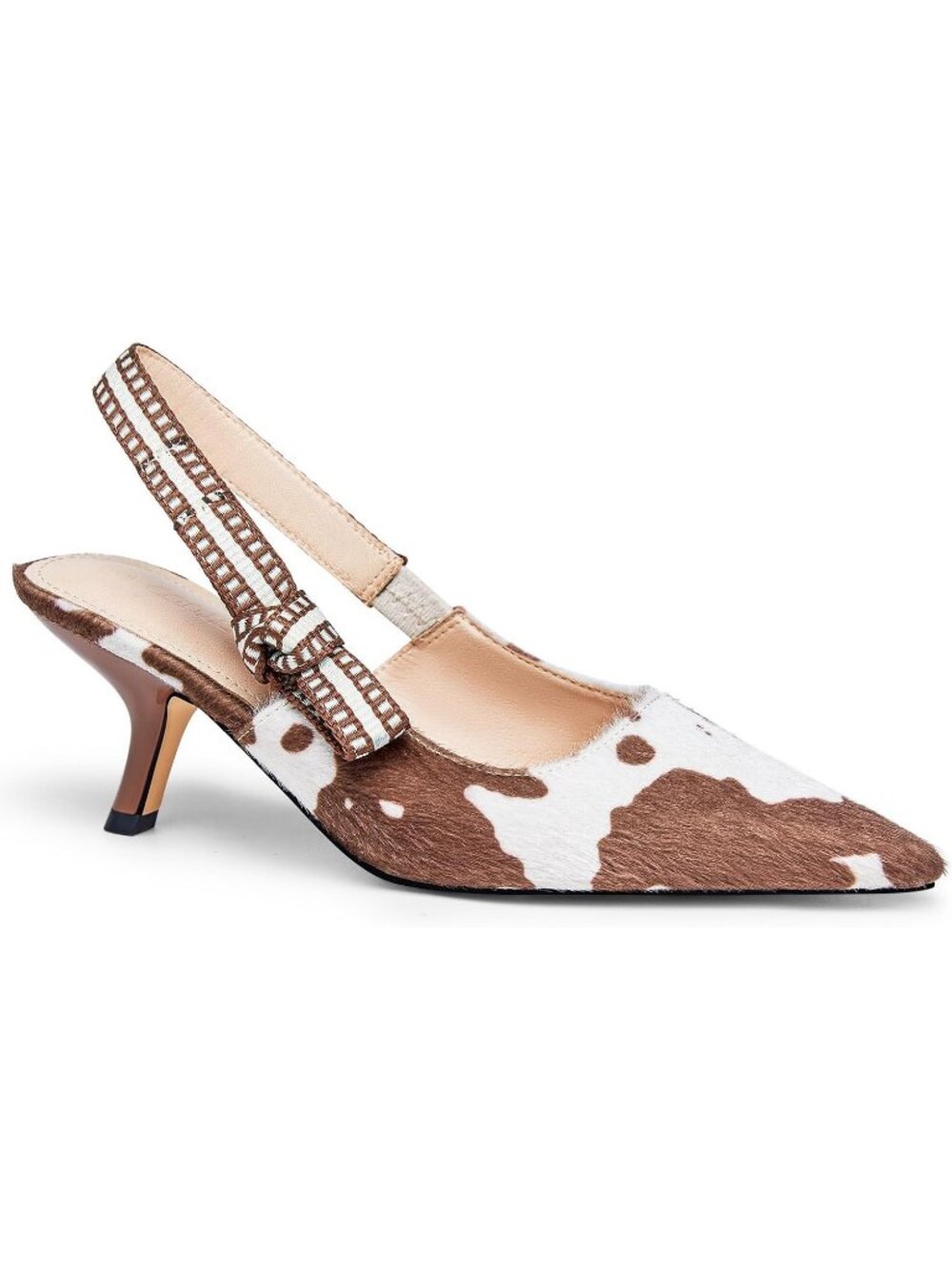 Women's Light Brown Closed Pointed Toe Bowknot Knitted Slingback Kitten Heels